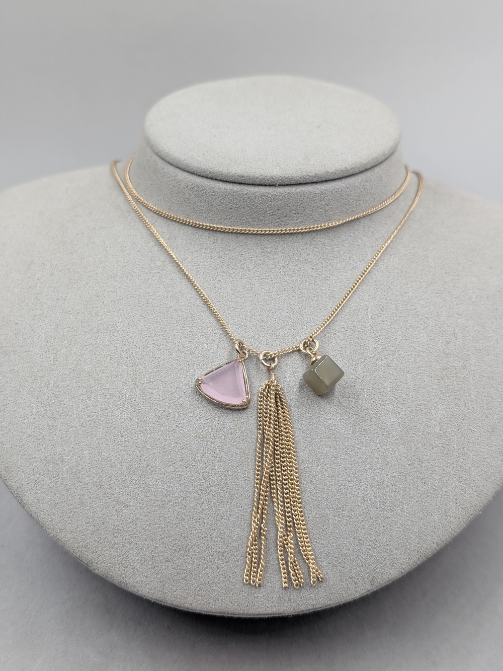J.Crew Layered Gold Tone Charm Tassel Necklace Pink Gray | 222
